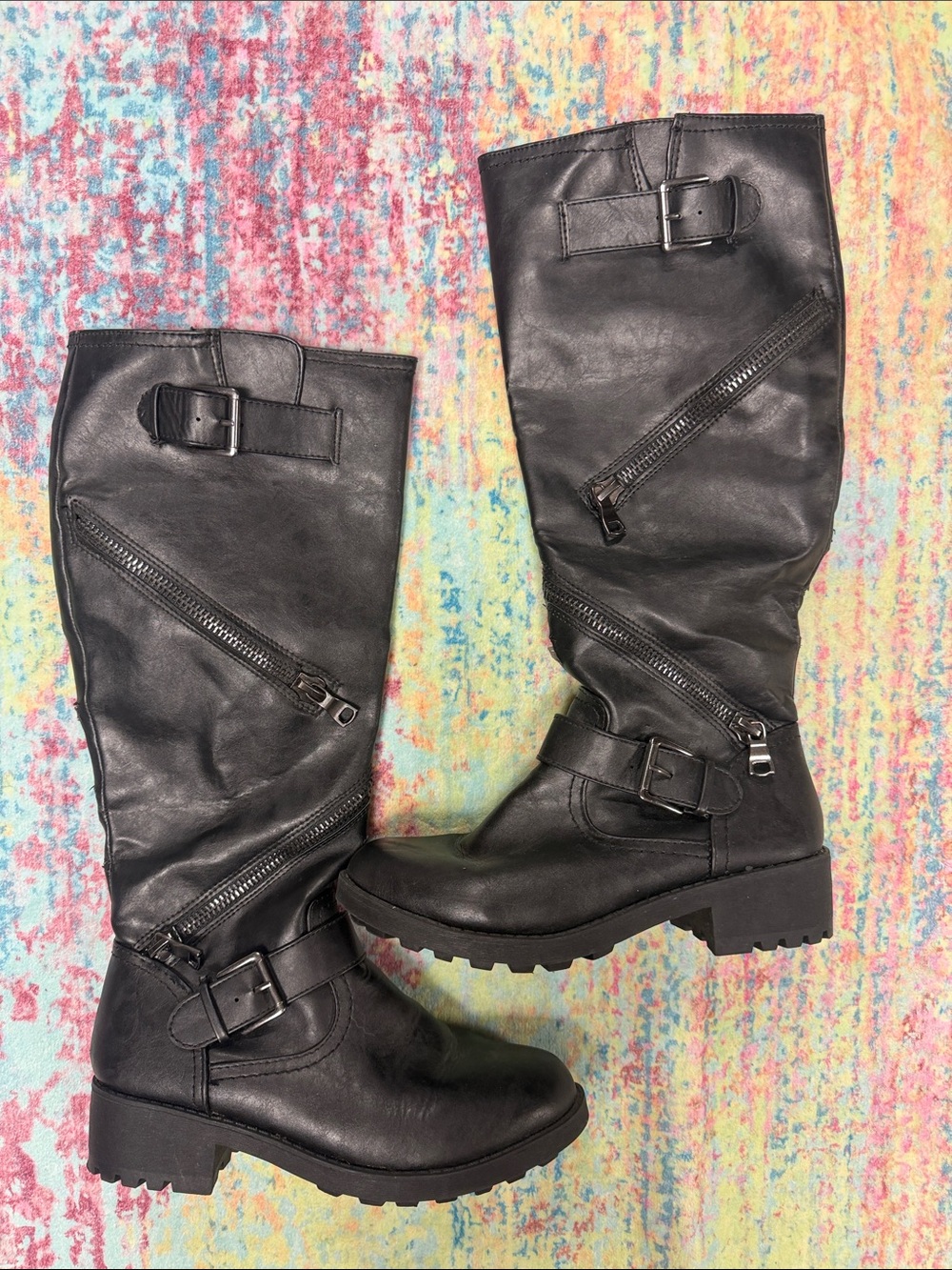 Target Black Mid-Calf Buckle & Diagonal Zip Moto Boots